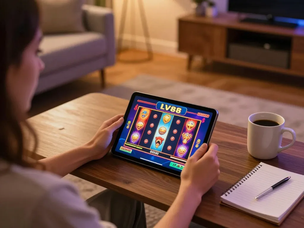 Engaging in LV88 online casino gameplay with vibrant slot graphics in home gaming setup