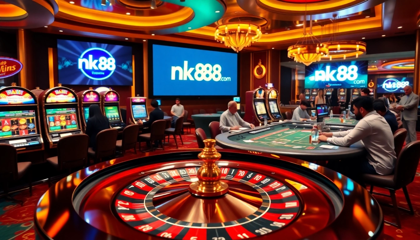 Players enjoying thrilling games at nk88 com casino, featuring roulette and poker tables.