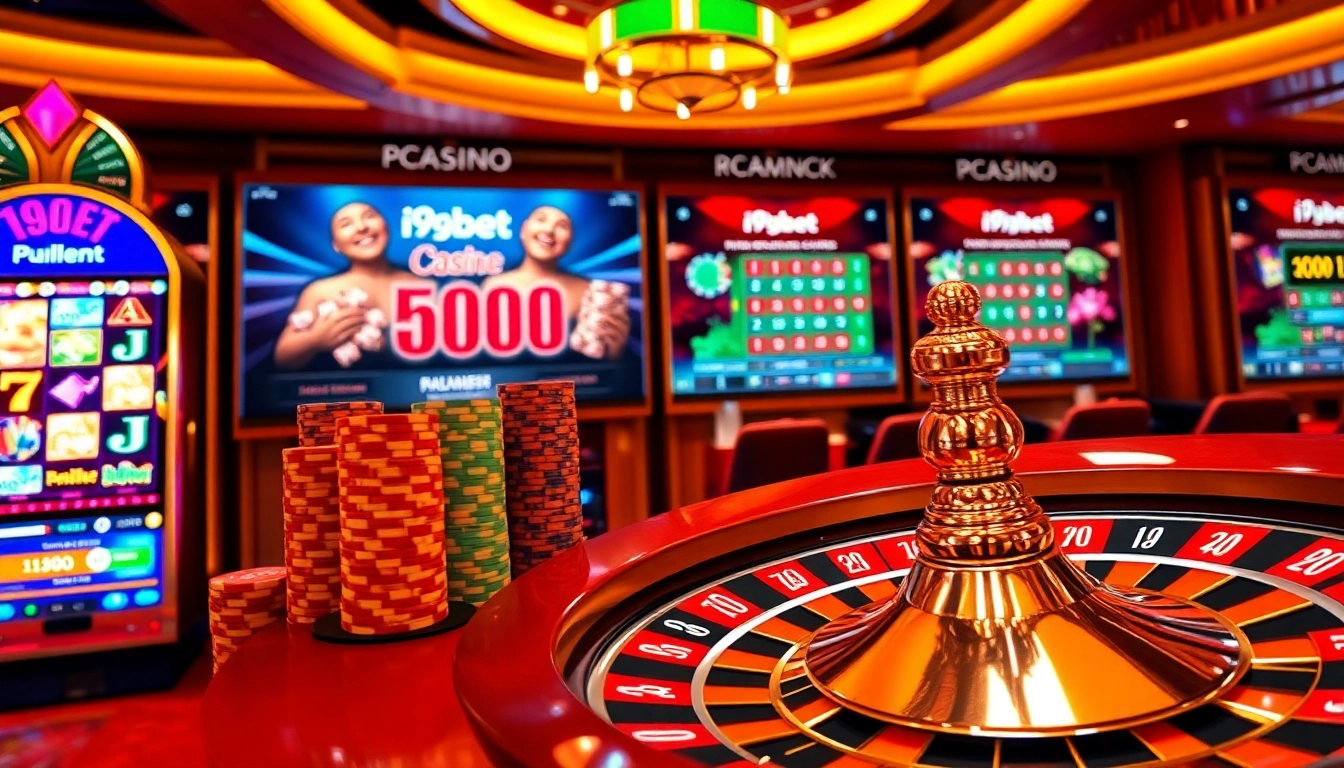 Engage with the thrilling world of i9bet as vibrant slot machines and poker chips enhance the casino experience.