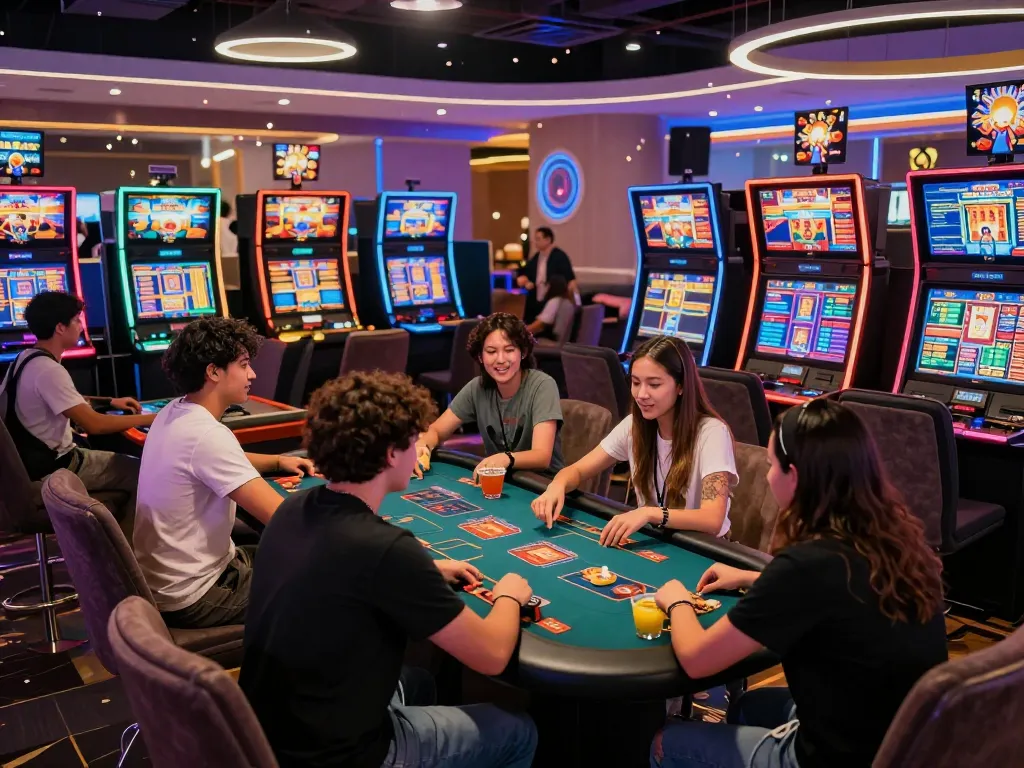 Exciting online gaming experience at Gem88 with friends enjoying slot machines and vibrant neon lights.