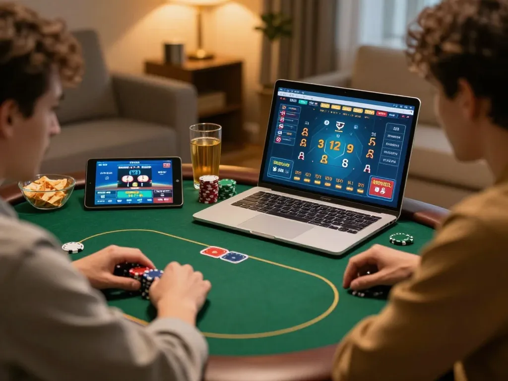 nhà cái 23win user enjoying a poker game on a laptop while sipping a drink and taking notes.