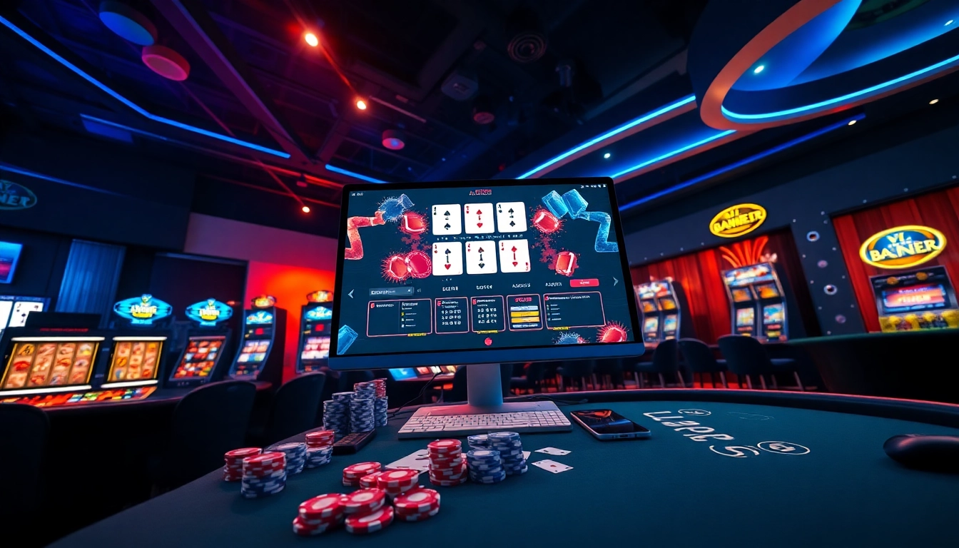 Experience the thrill of online gambling at 789bet com with an engaging digital casino scene showcasing poker and slot games.