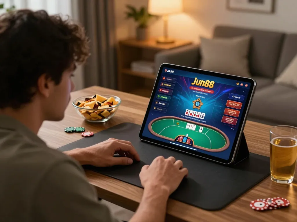 Engaged gamer using the jun88 platform for online gaming, highlighting strategic gameplay and atmosphere