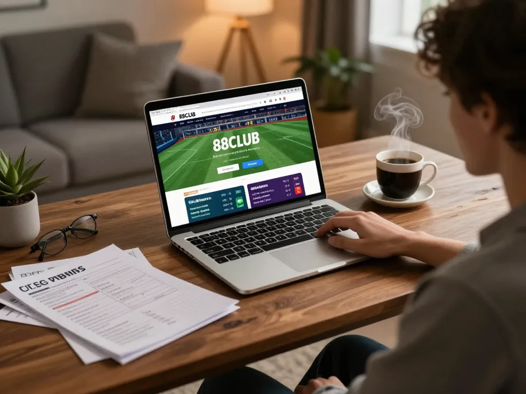 Engaging in sports betting on 88CLUB website from a cozy home office setting.