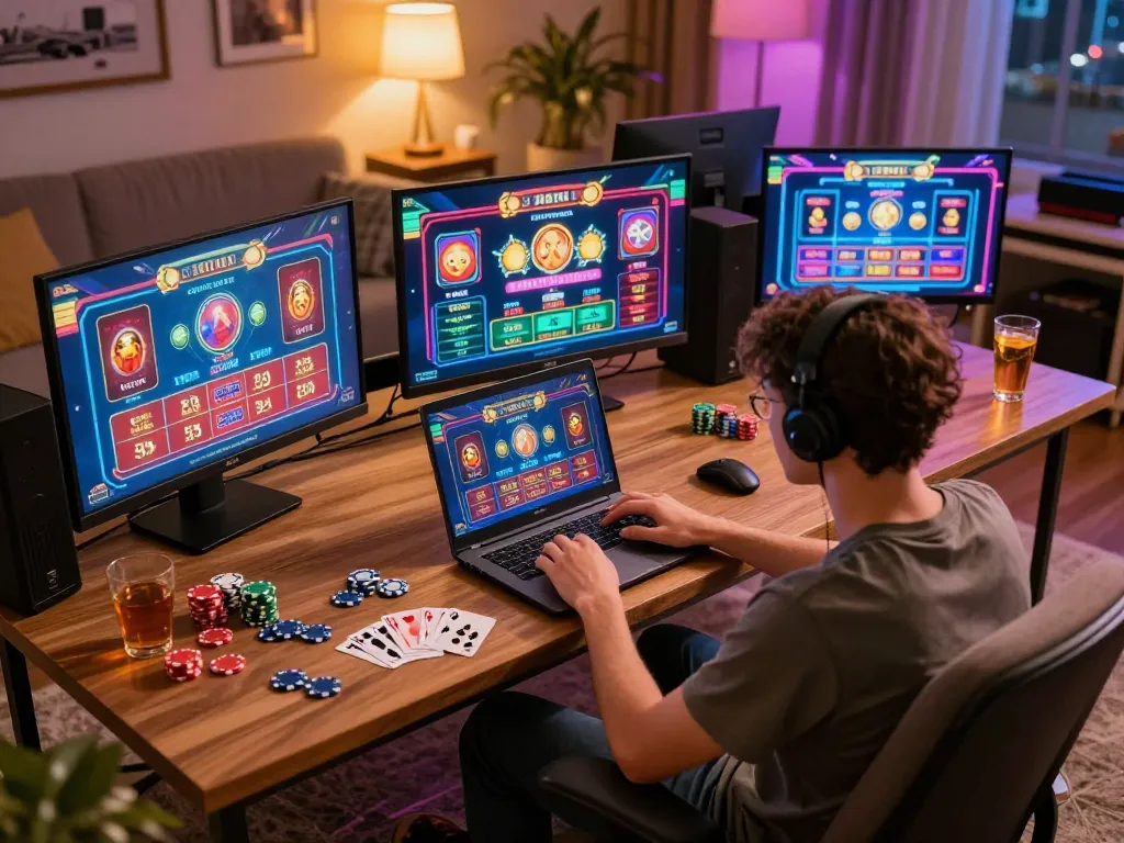 Enjoying online casino games at home with BAYVIP while sipping a drink and using multiple screens.