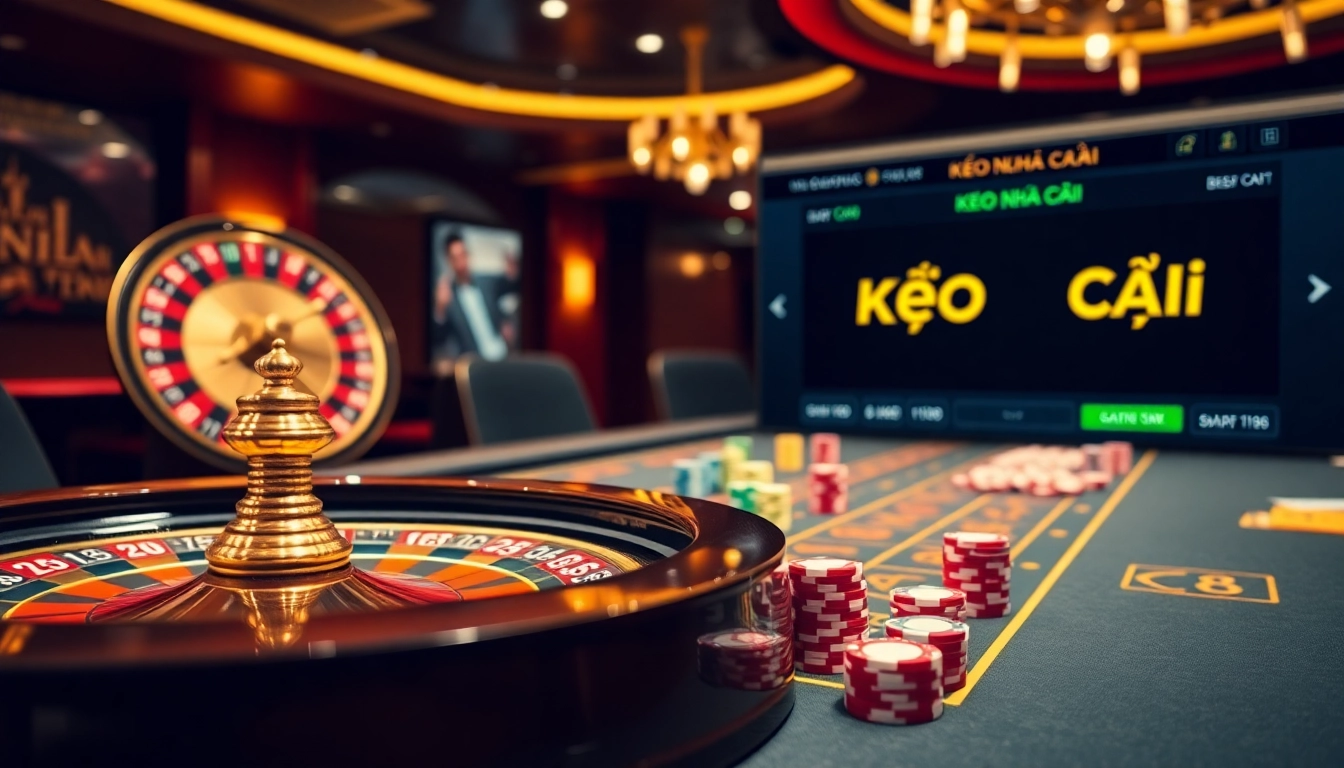 Exciting gambling scene depicting Kèo Nhà Cái at a stylish casino with roulette and poker tables.